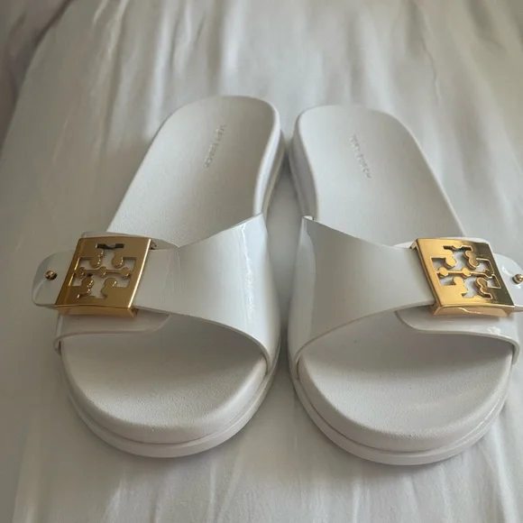 Tory Burch White Slides with Gold Accent - Picture 6 of 8